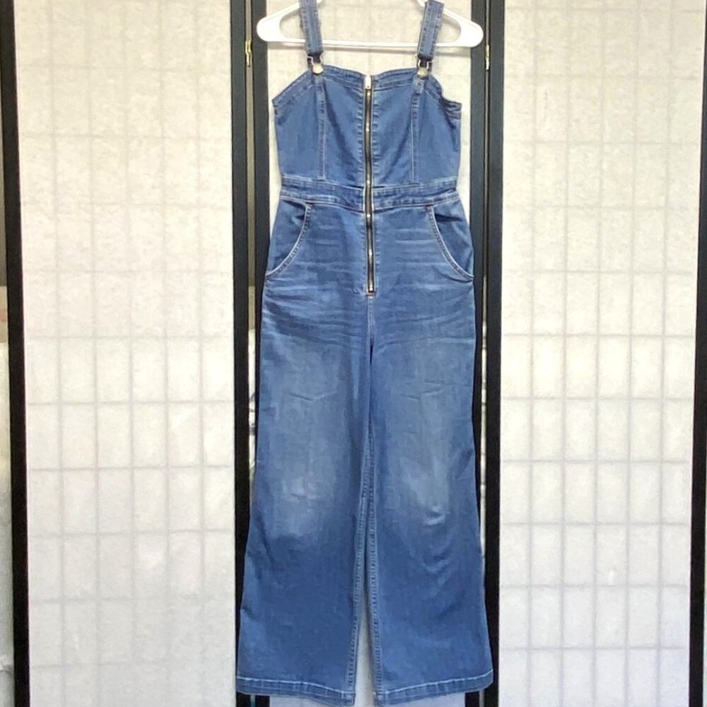 Hollister S Fitted Overall Denim Jumpsuit Wide Leg Zip Front Faded Strappy Jean